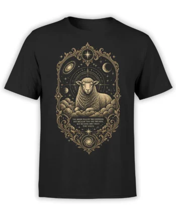 black unisex t-shirt with ornate gold sheep in clouds, surrounded by stars and galaxies and a shepherd trust quote