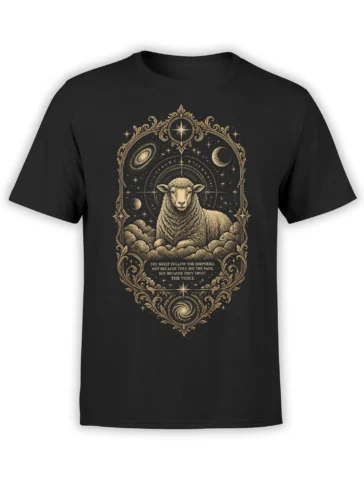 black unisex t-shirt with ornate gold sheep in clouds, surrounded by stars and galaxies and a shepherd trust quote