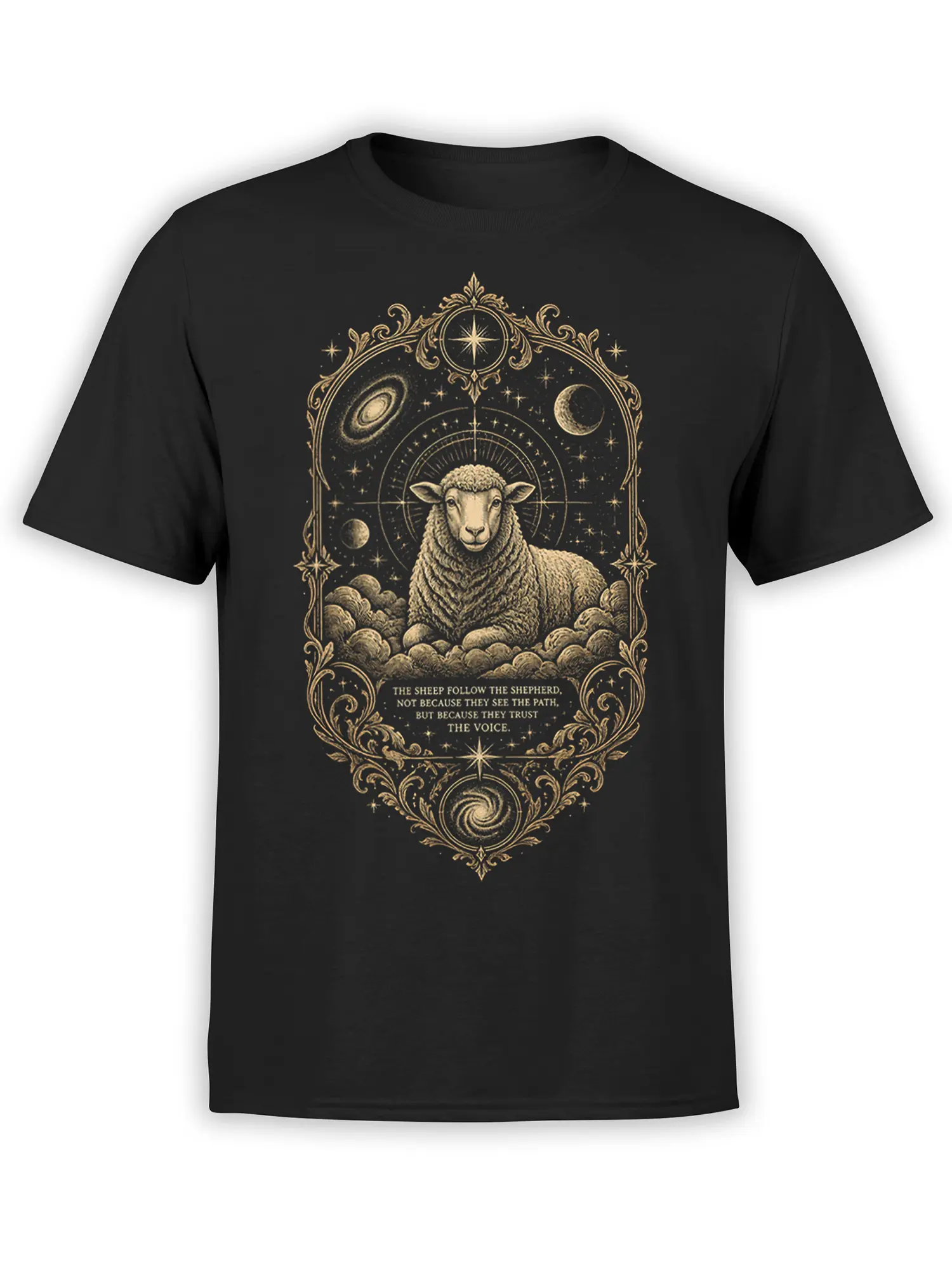 black unisex t-shirt with ornate gold sheep in clouds, surrounded by stars and galaxies and a shepherd trust quote