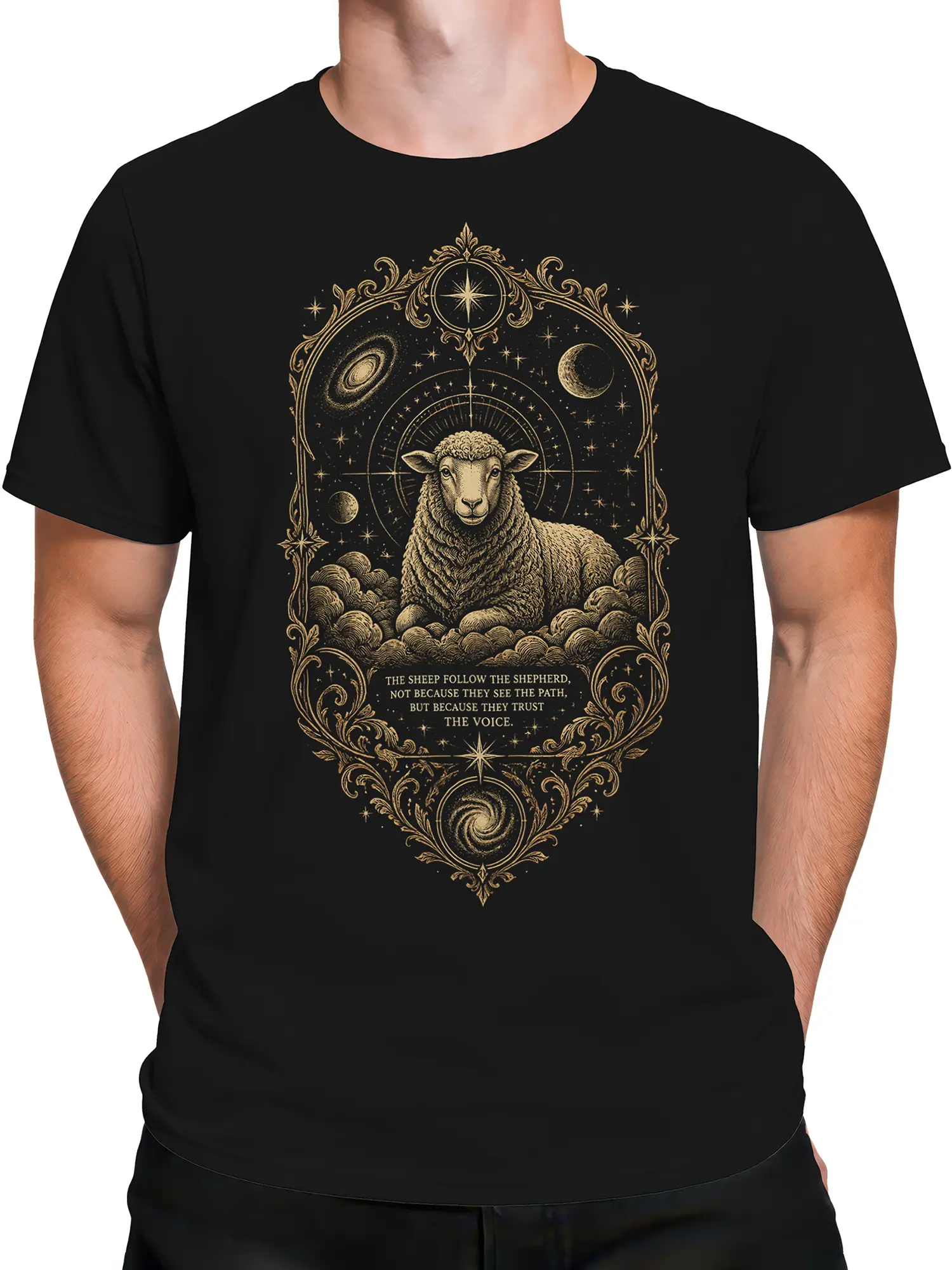 man wearing black celestial sheep t-shirt with gold line-art and shepherd trust quote