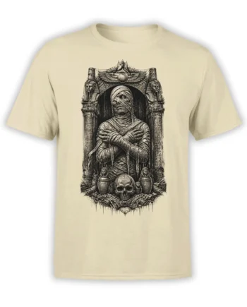 beige unisex t-shirt with detailed Egyptian mummy and skull tomb illustration in black and gray line art on the front