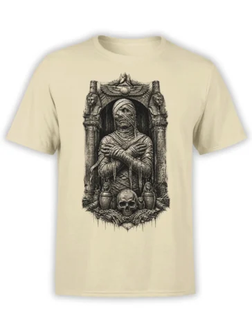 beige unisex t-shirt with detailed Egyptian mummy and skull tomb illustration in black and gray line art on the front