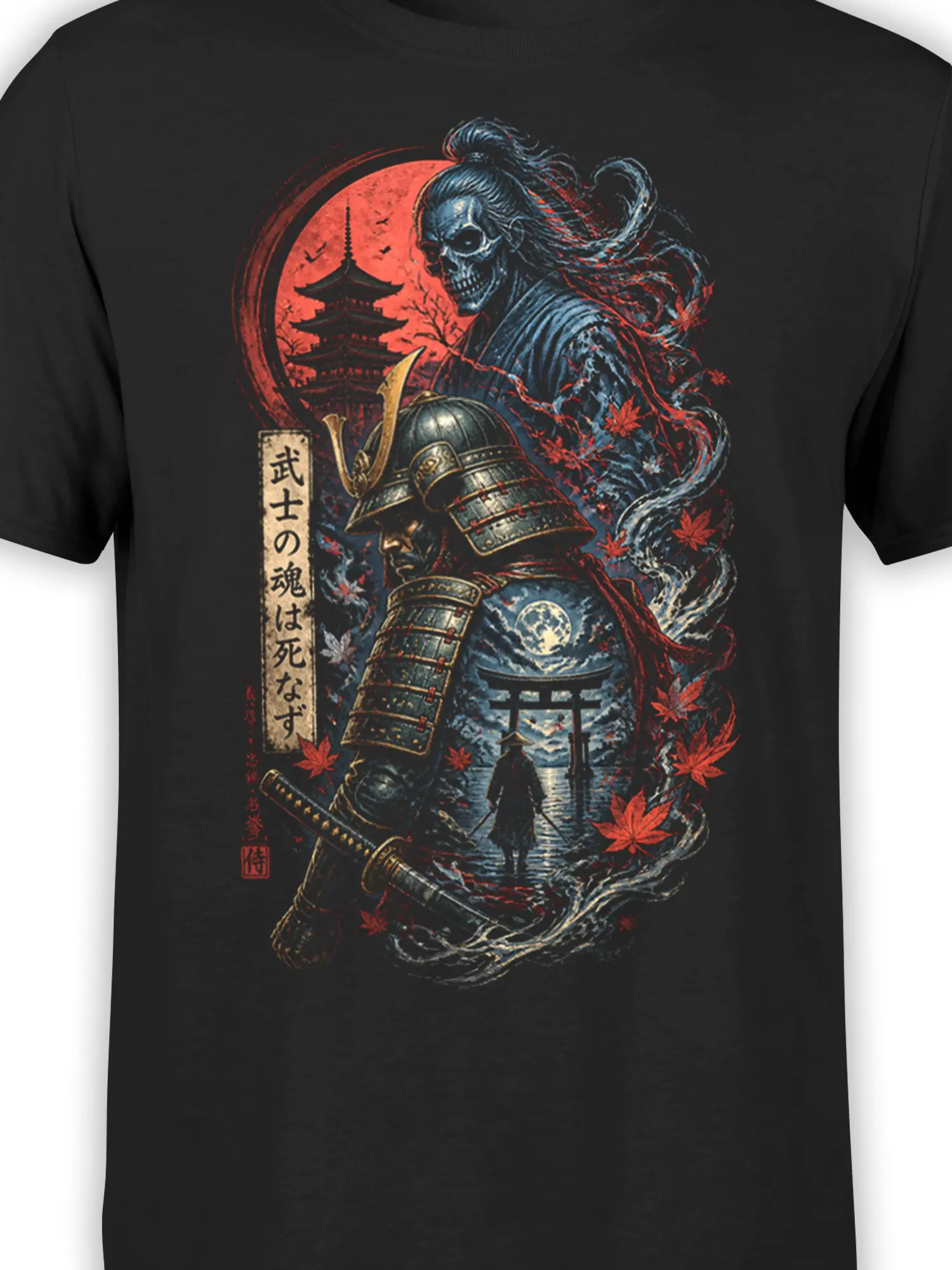 close-up of ghost samurai and armored warrior with red moon, pagoda and maple leaves on black samurai graphic tee