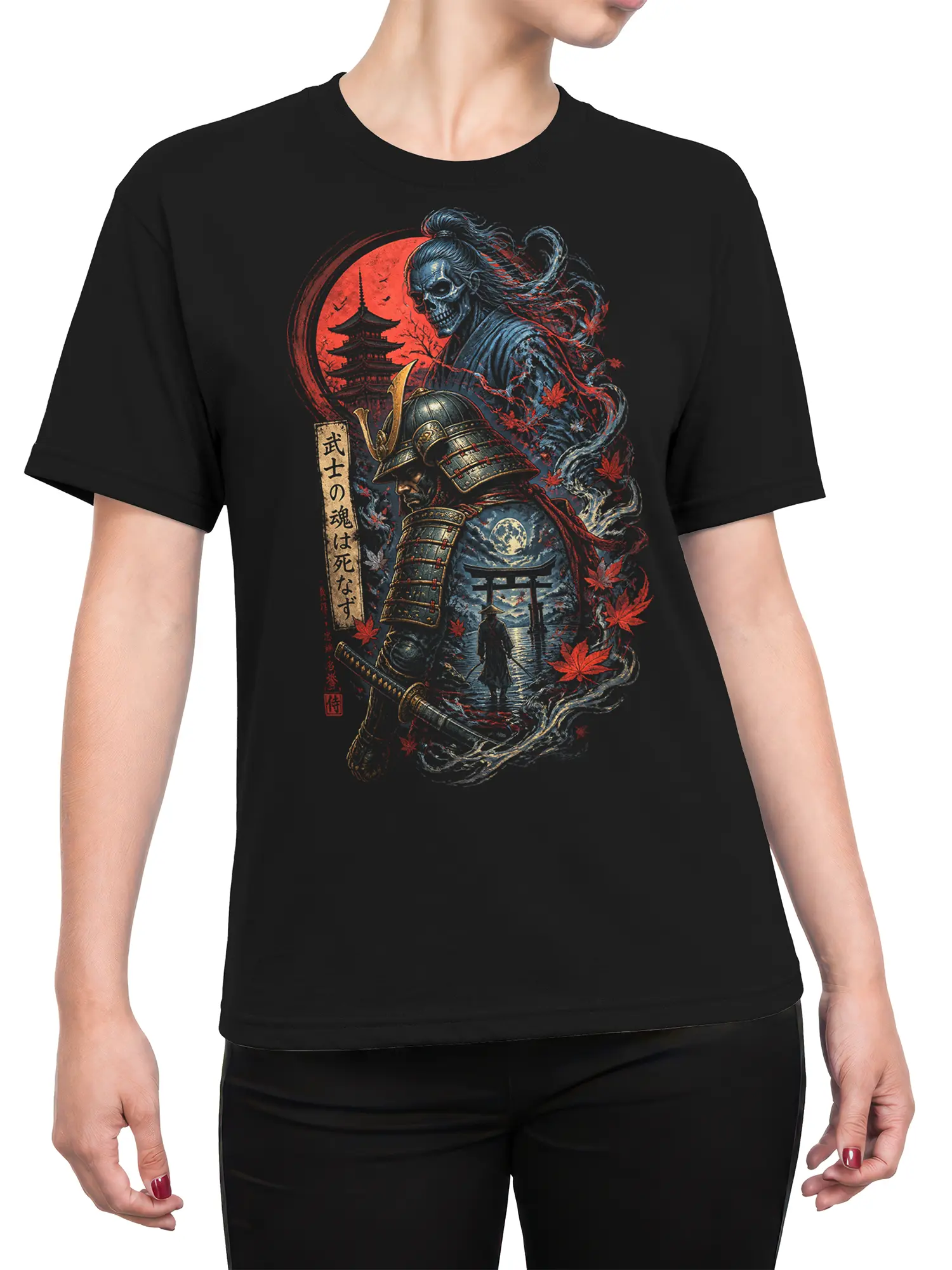 female model wearing black ghost samurai t-shirt with red moon and maple leaves fantasy design