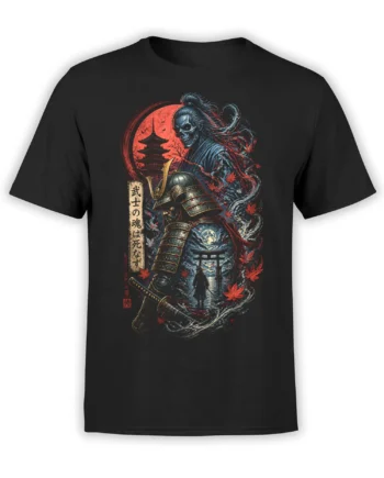 black unisex t-shirt with detailed ghost samurai warrior, red moon, pagoda, torii gate and red maple leaves in dark fantasy style