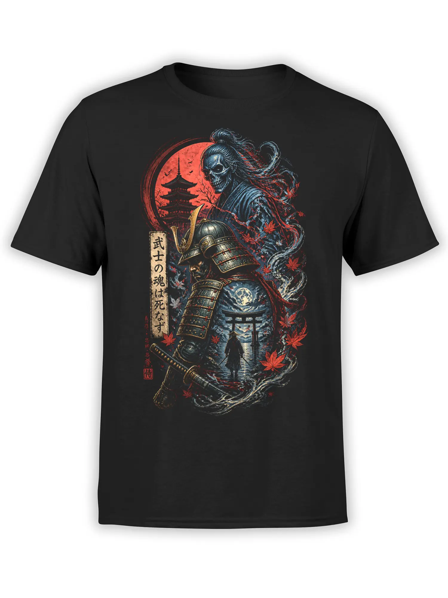 black unisex t-shirt with detailed ghost samurai warrior, red moon, pagoda, torii gate and red maple leaves in dark fantasy style