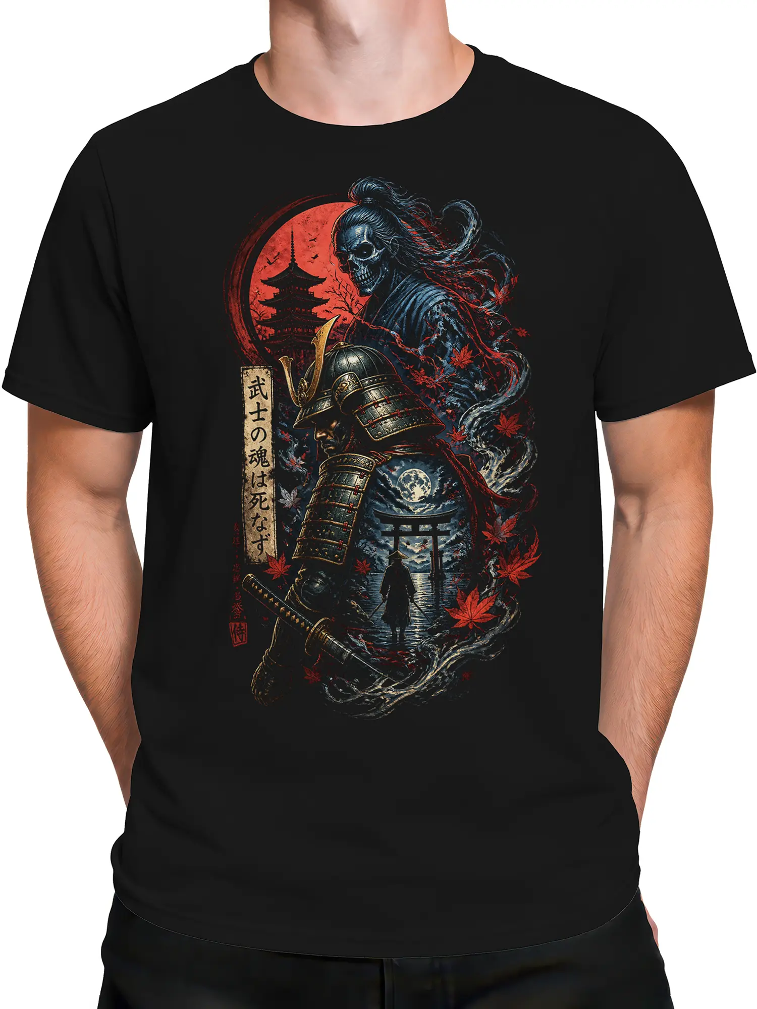 male model in black samurai warrior t-shirt with ghost samurai, red moon and torii gate design