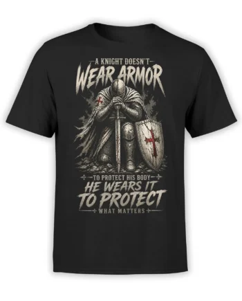 black unisex t-shirt with medieval knight kneeling in armor, sword and shield, and bold quote about wearing armor to protect what matters