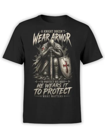 black unisex t-shirt with medieval knight kneeling in armor, sword and shield, and bold quote about wearing armor to protect what matters