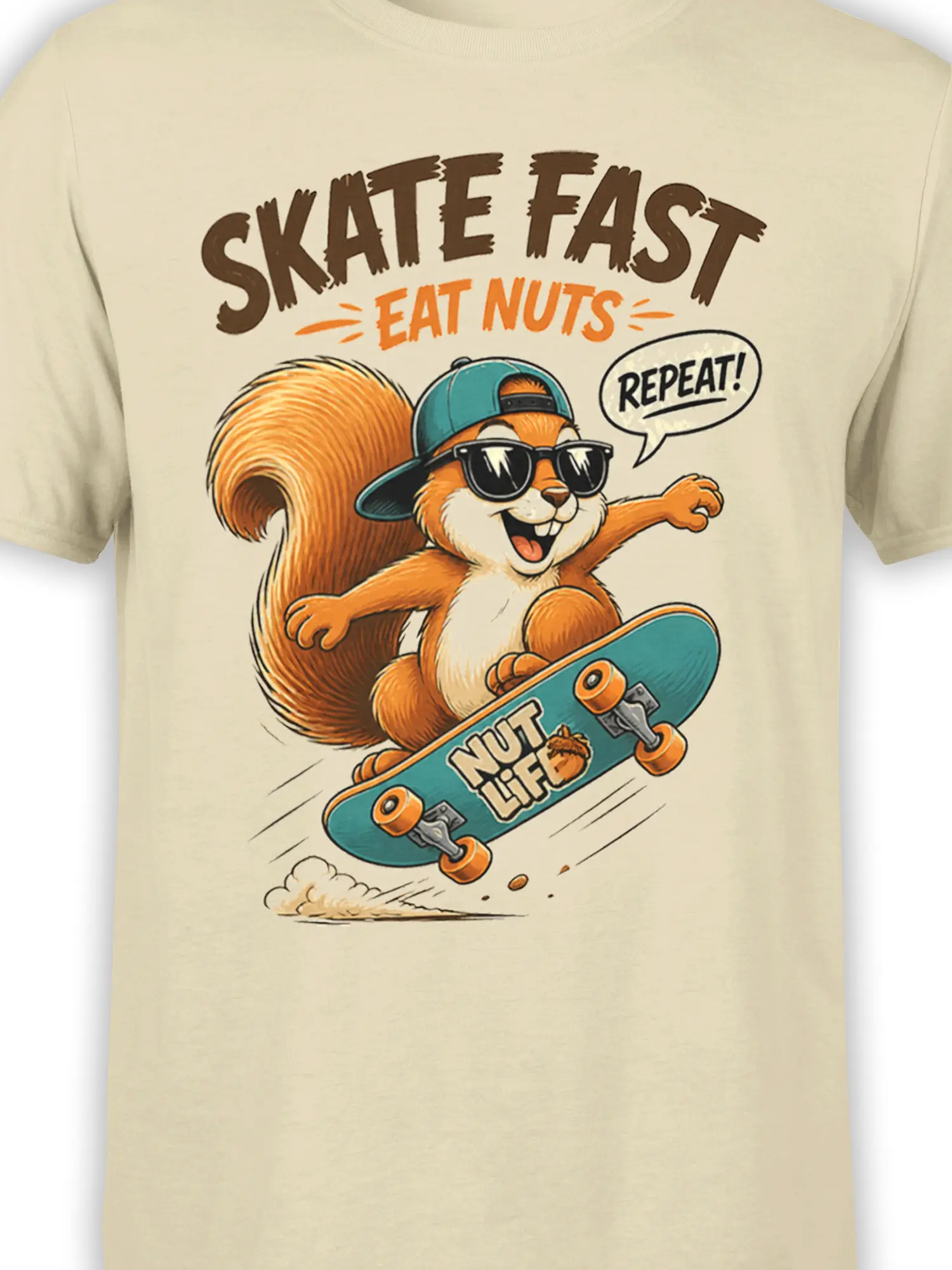 Close-up of the skater squirrel graphic with teal skateboard, Nut Life deck text, and Skate Fast Eat Nuts Repeat lettering