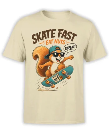 Beige unisex t-shirt with cartoon skater squirrel on teal skateboard and Skate Fast Eat Nuts Repeat slogan printed large on the front