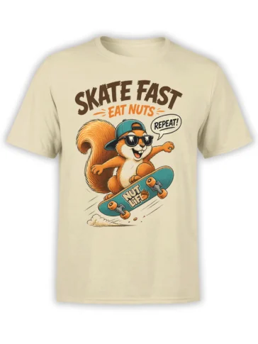 Beige unisex t-shirt with cartoon skater squirrel on teal skateboard and Skate Fast Eat Nuts Repeat slogan printed large on the front