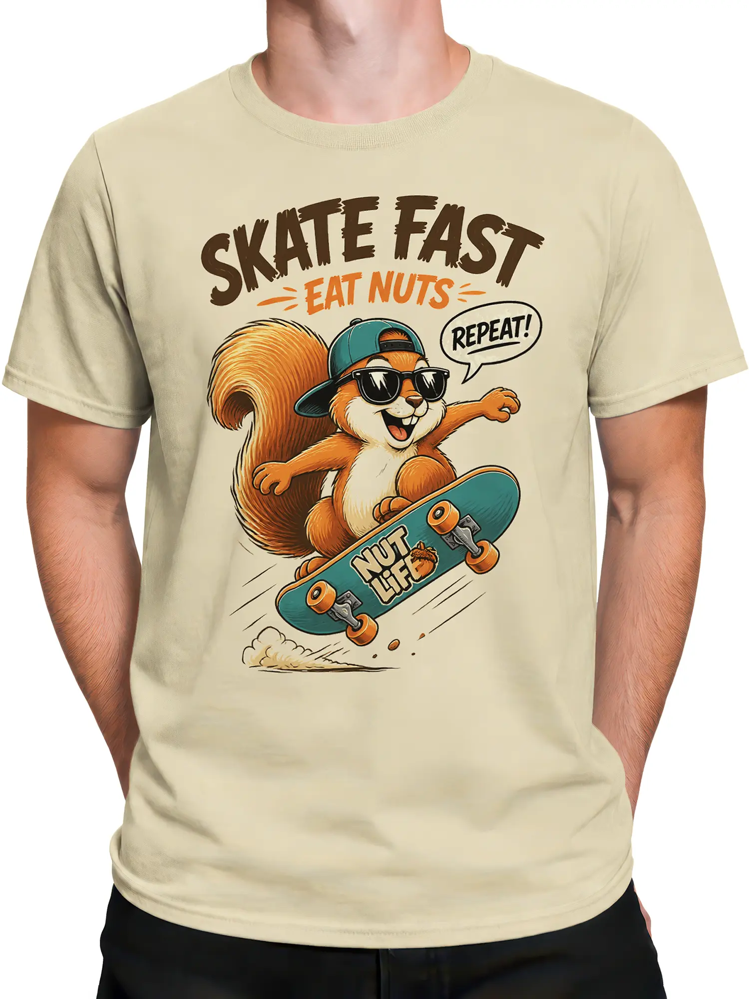 Man wearing beige skater squirrel t-shirt featuring cartoon squirrel on teal skateboard and Skate Fast Eat Nuts Repeat text