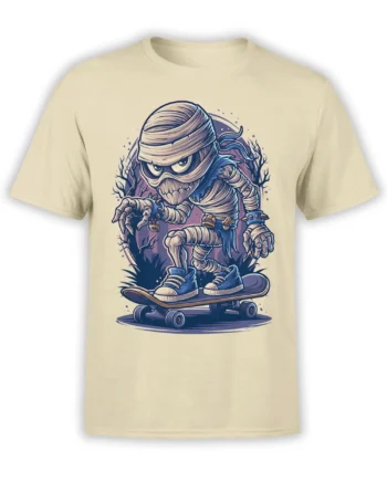 Bandaged mummy creature riding a skateboard on a beige graphic T-shirt