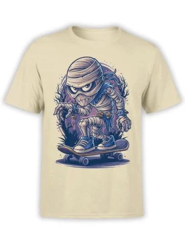Bandaged mummy creature riding a skateboard on a beige graphic T-shirt