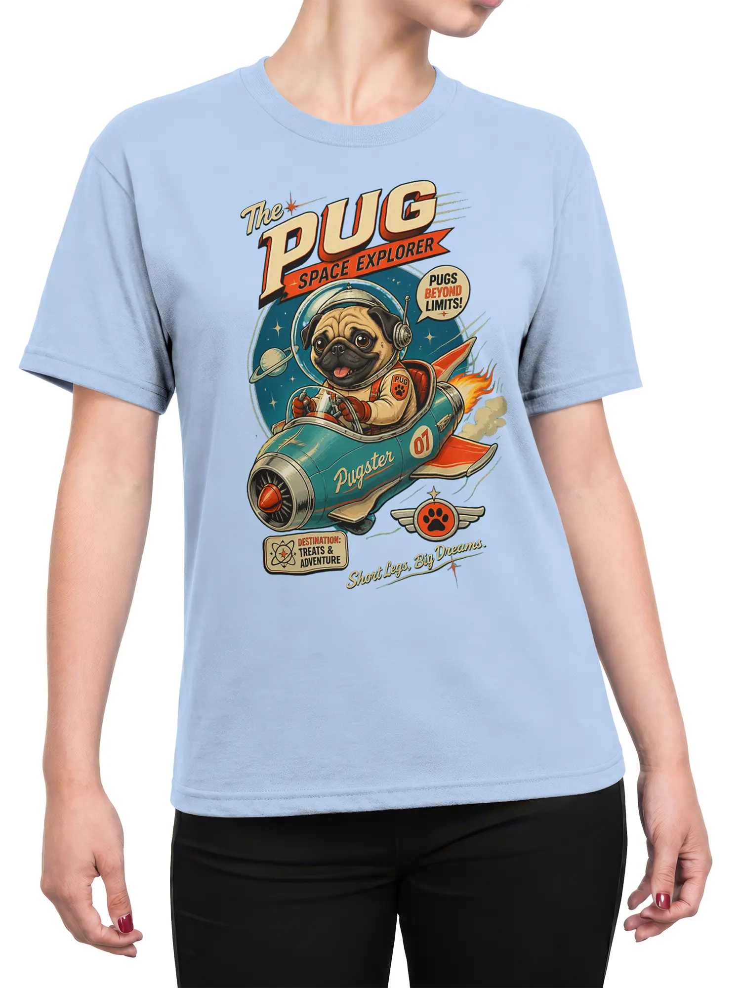 woman wearing light blue pug astronaut space explorer shirt with retro rocket design
