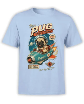light blue unisex t-shirt with retro pug astronaut in a teal rocket and space explorer text in vintage comic style