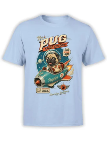 light blue unisex t-shirt with retro pug astronaut in a teal rocket and space explorer text in vintage comic style