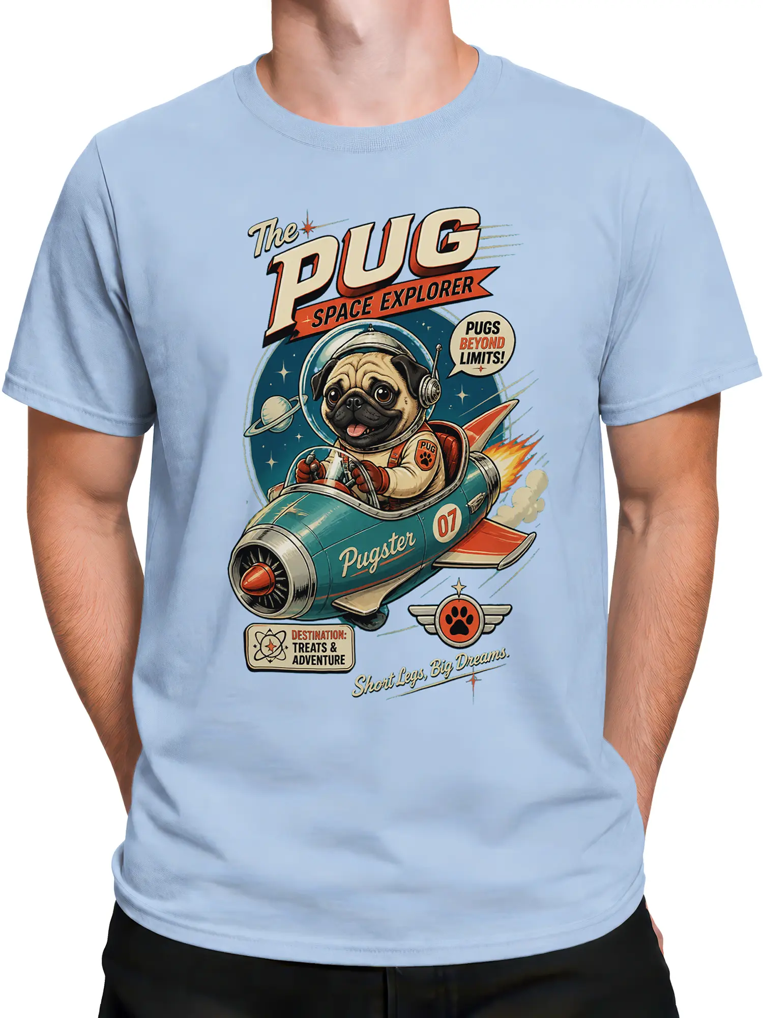man wearing light blue retro pug space explorer dog shirt with teal rocket graphic