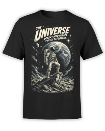Black astronaut T-shirt with retro space artwork, giant planet, rocky landscape, stars, and explorer message