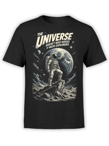 Black astronaut T-shirt with retro space artwork, giant planet, rocky landscape, stars, and explorer message