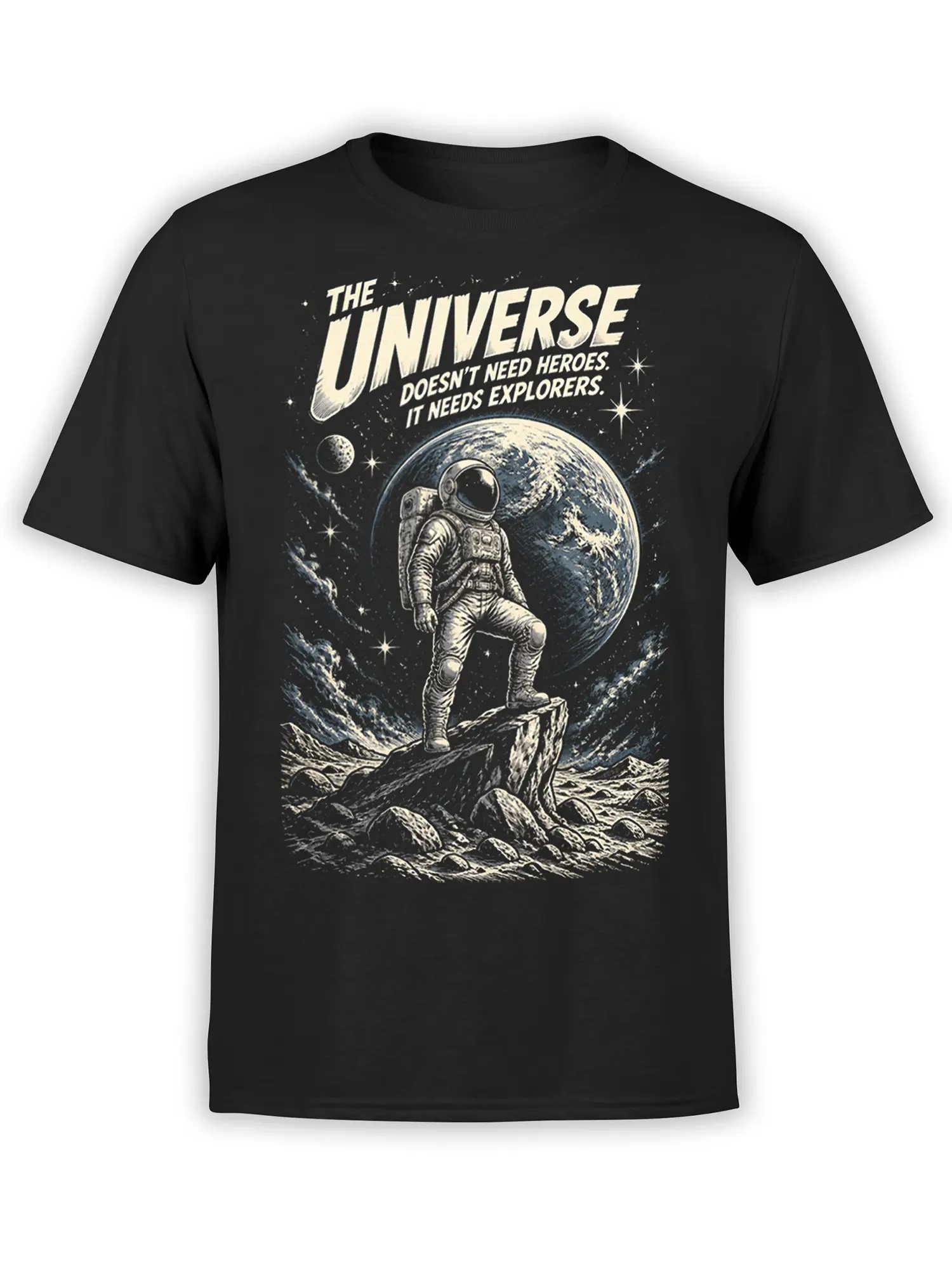 Black astronaut T-shirt with retro space artwork, giant planet, rocky landscape, stars, and explorer message