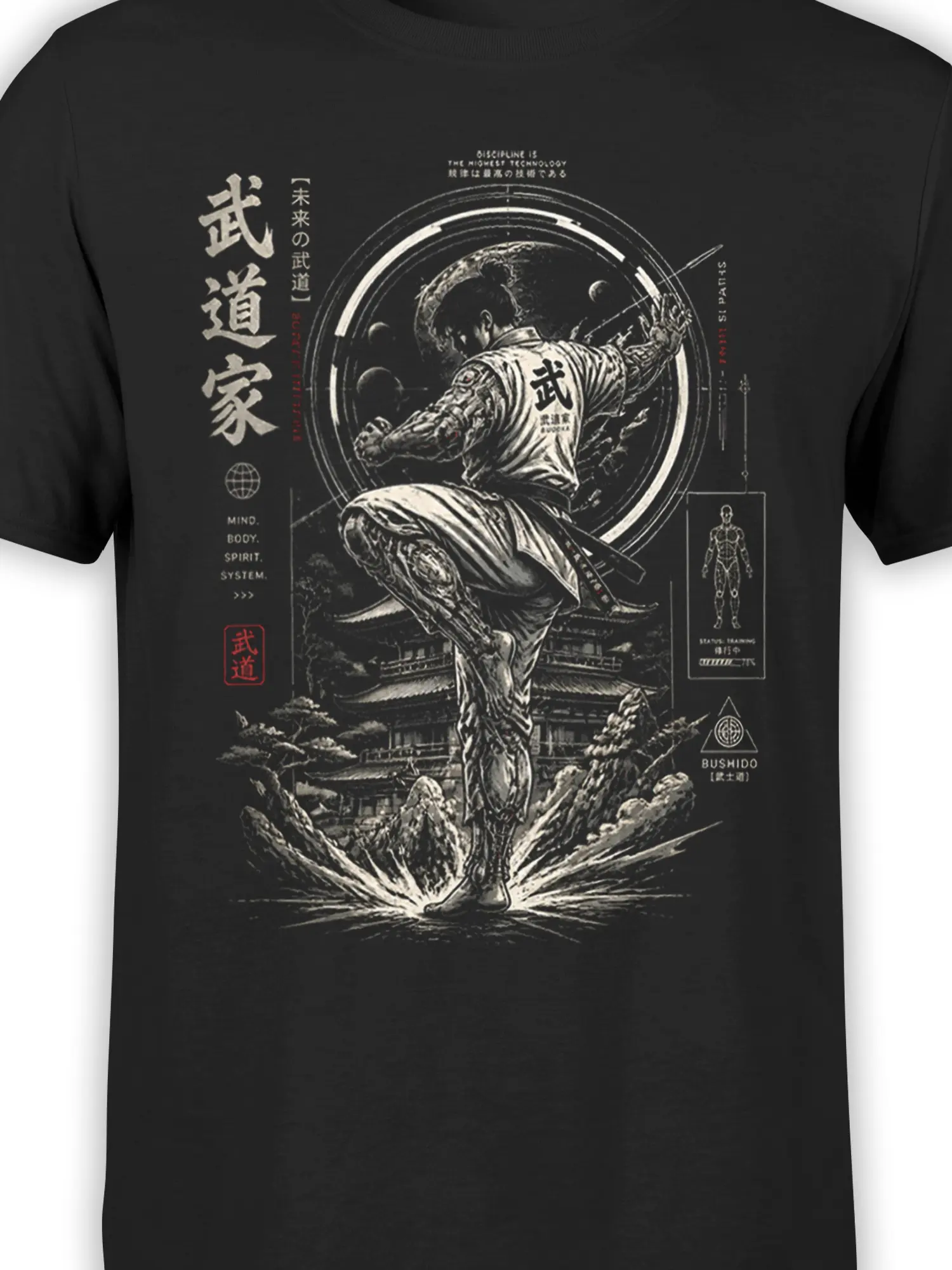 Close-up of Bushido martial artist artwork with Japanese text and red details on a black shirt
