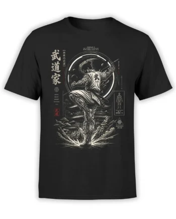 Bushido martial artist graphic with Japanese characters and temple scenery on a black T-shirt