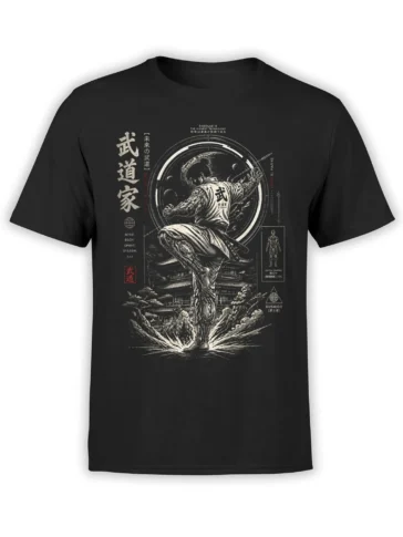 Bushido martial artist graphic with Japanese characters and temple scenery on a black T-shirt