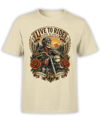 Beige motorcycle T-shirt with winged skeleton biker, red roses, and Live to Ride artwork