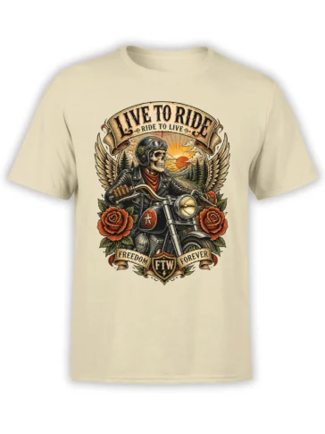 Beige motorcycle T-shirt with winged skeleton biker, red roses, and Live to Ride artwork