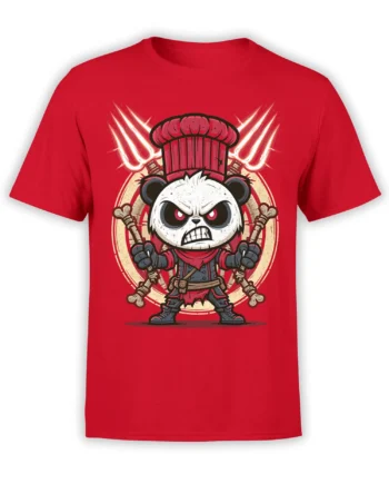 Angry panda warrior in a red chef hat and scarf on a bright red graphic T-shirt