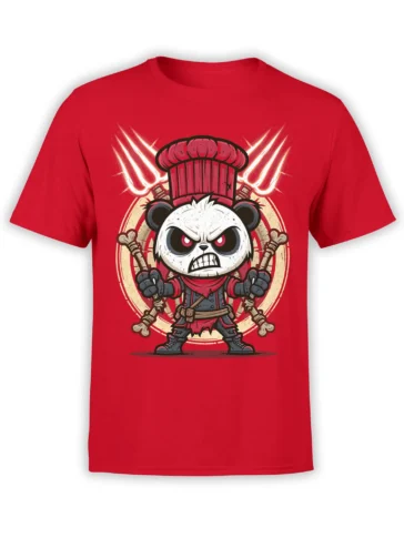Angry panda warrior in a red chef hat and scarf on a bright red graphic T-shirt