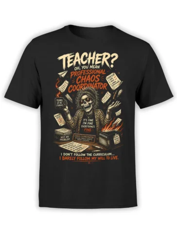 Black teacher t-shirt with skull educator, flaming gradebook, classroom papers, and professional chaos message