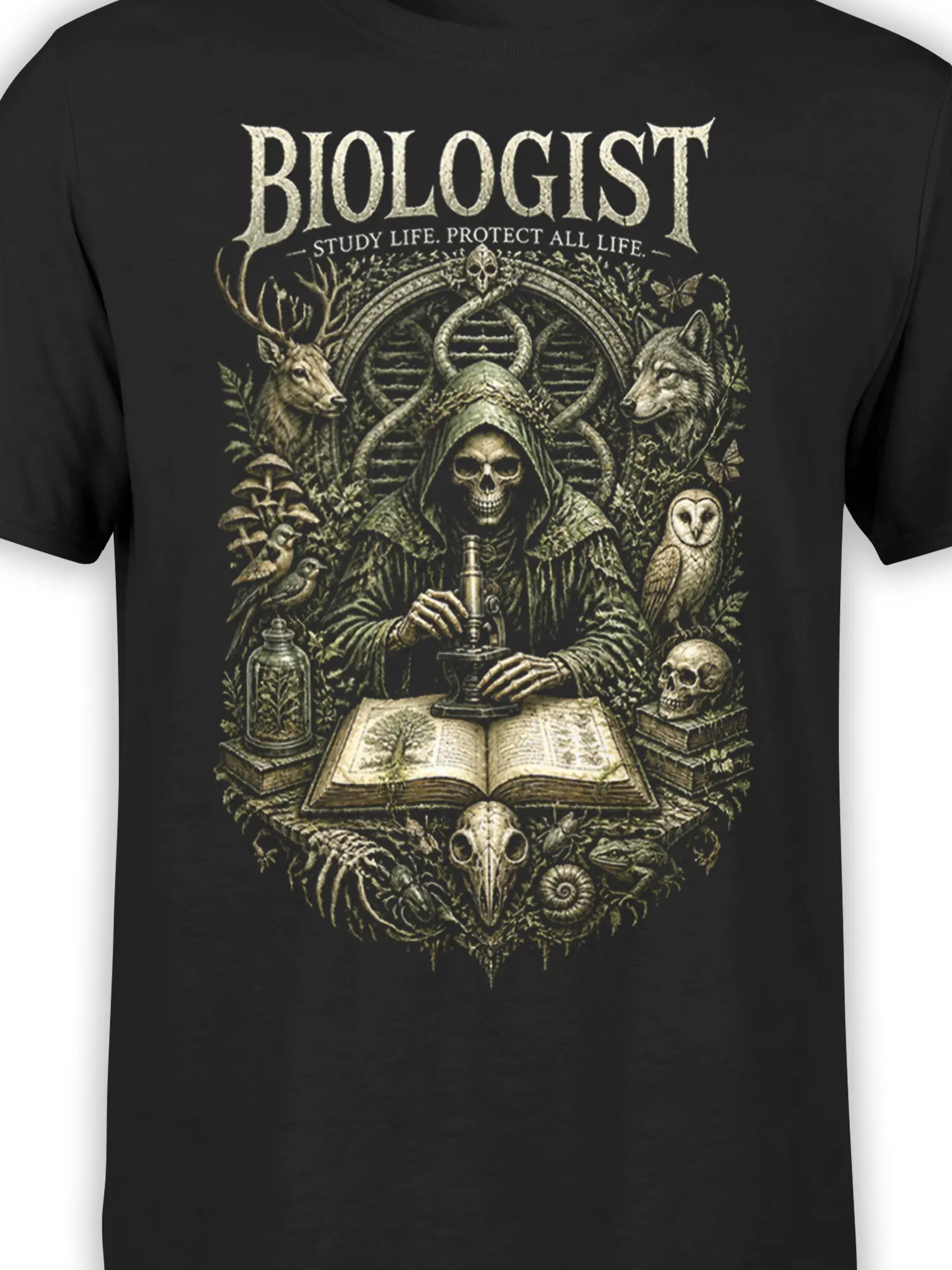 Close-up of black biologist shirt artwork showing a skeleton researcher, microscope, DNA, and woodland animals