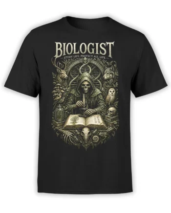 Black biologist T-shirt with hooded skeleton, microscope, DNA strand, open book, and wildlife artwork