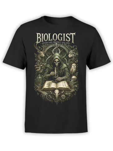 Black biologist T-shirt with hooded skeleton, microscope, DNA strand, open book, and wildlife artwork