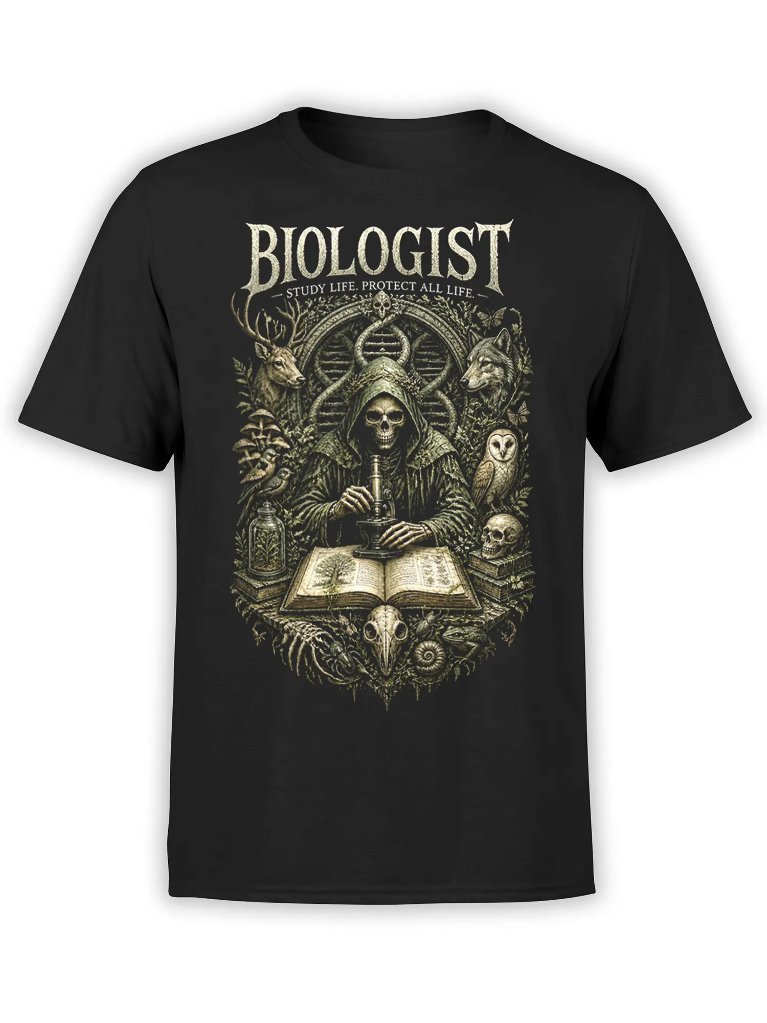 Black biologist T-shirt with hooded skeleton, microscope, DNA strand, open book, and wildlife artwork