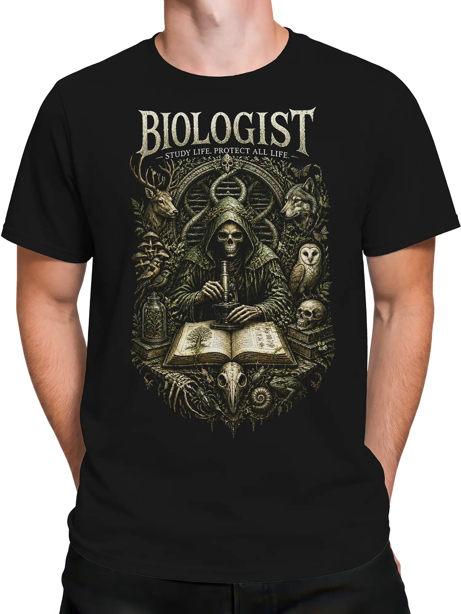 Male torso wearing a black biologist T-shirt with hooded skeleton and wildlife artwork