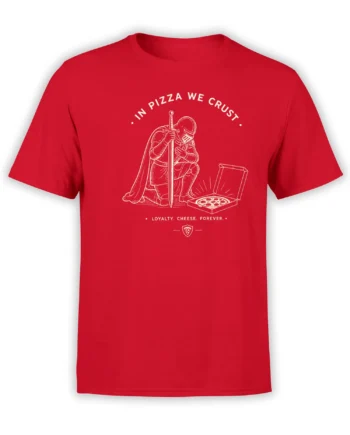 Red pizza t-shirt with a medieval knight, open pizza box, sword, and “In Pizza We Crust” lettering