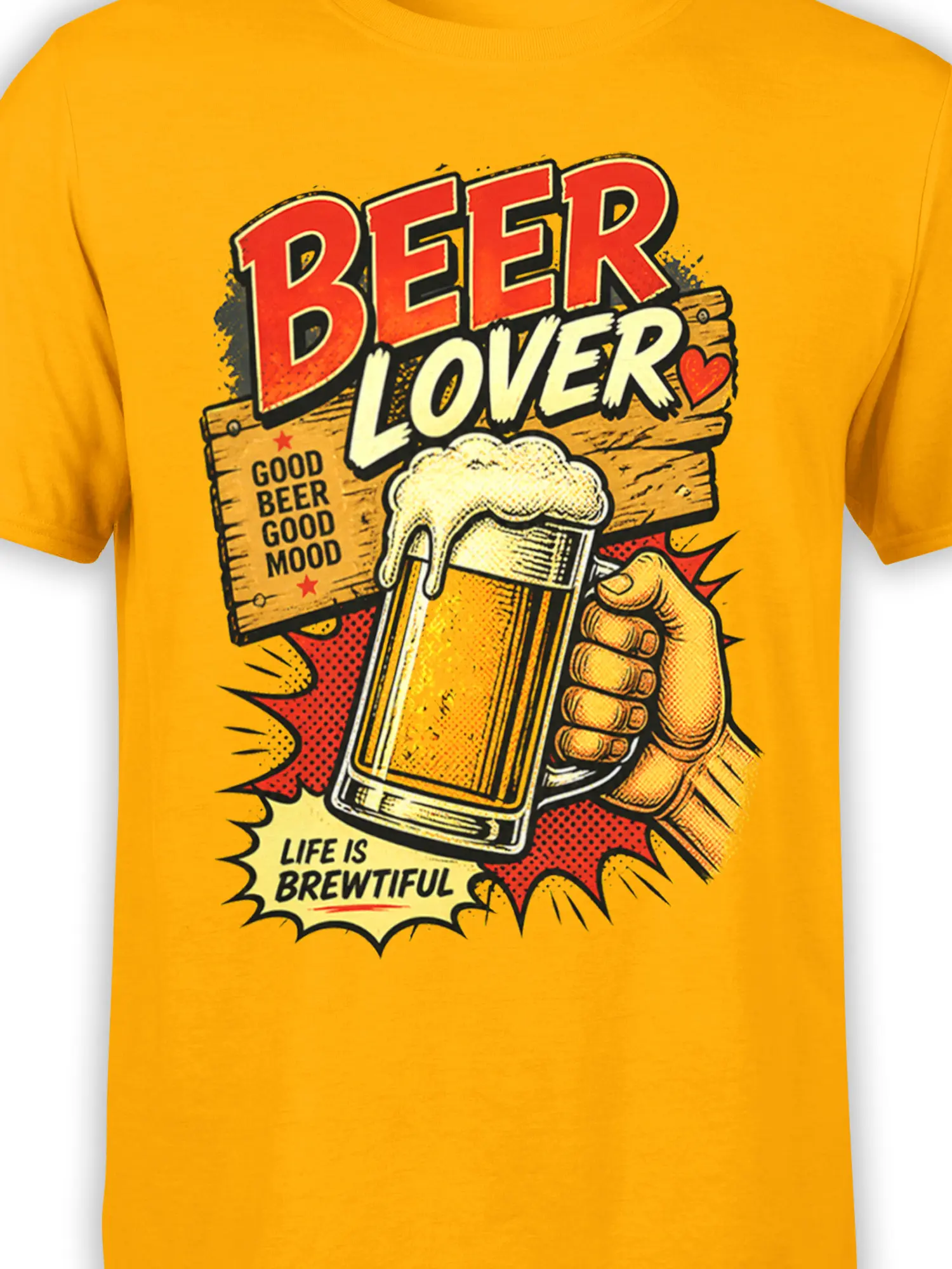 Close-up of yellow beer T-shirt design with pint glass, foam, red lettering, and vintage pop-art texture
