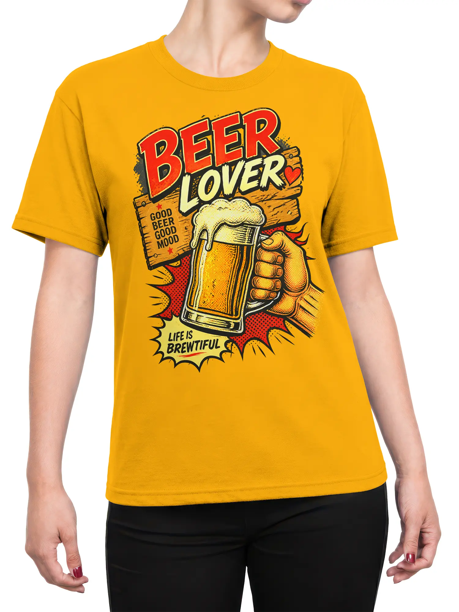 Female torso wearing a yellow beer T-shirt with retro pint glass and “Life Is Brewtiful” graphic
