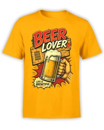 Yellow beer lover T-shirt with frothy pint glass and “Good Beer Good Mood” retro lettering