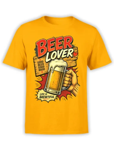 Yellow beer lover T-shirt with frothy pint glass and “Good Beer Good Mood” retro lettering