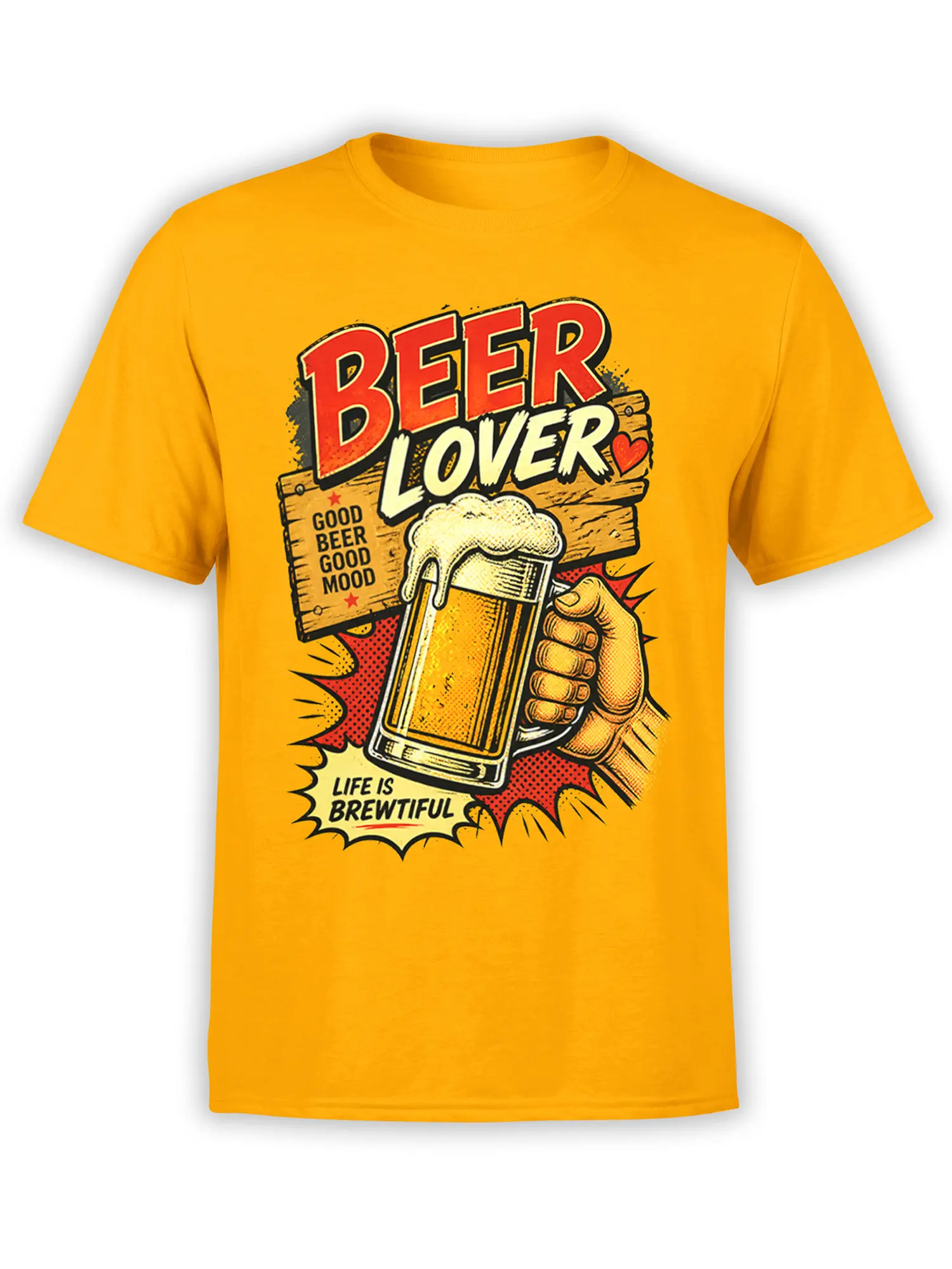 Yellow beer lover T-shirt with frothy pint glass and “Good Beer Good Mood” retro lettering