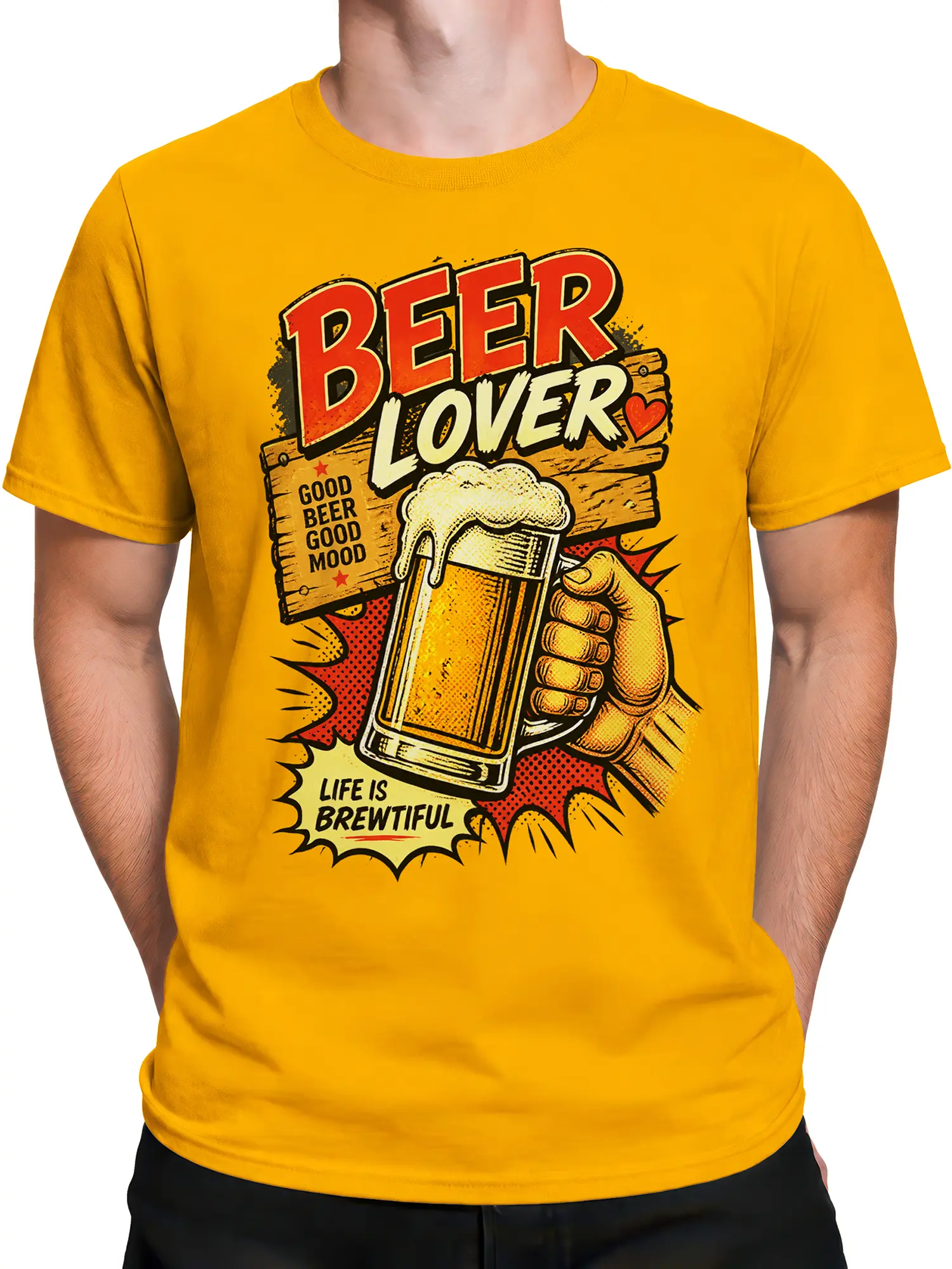 Male torso wearing a yellow beer T-shirt with colorful retro pint glass artwork