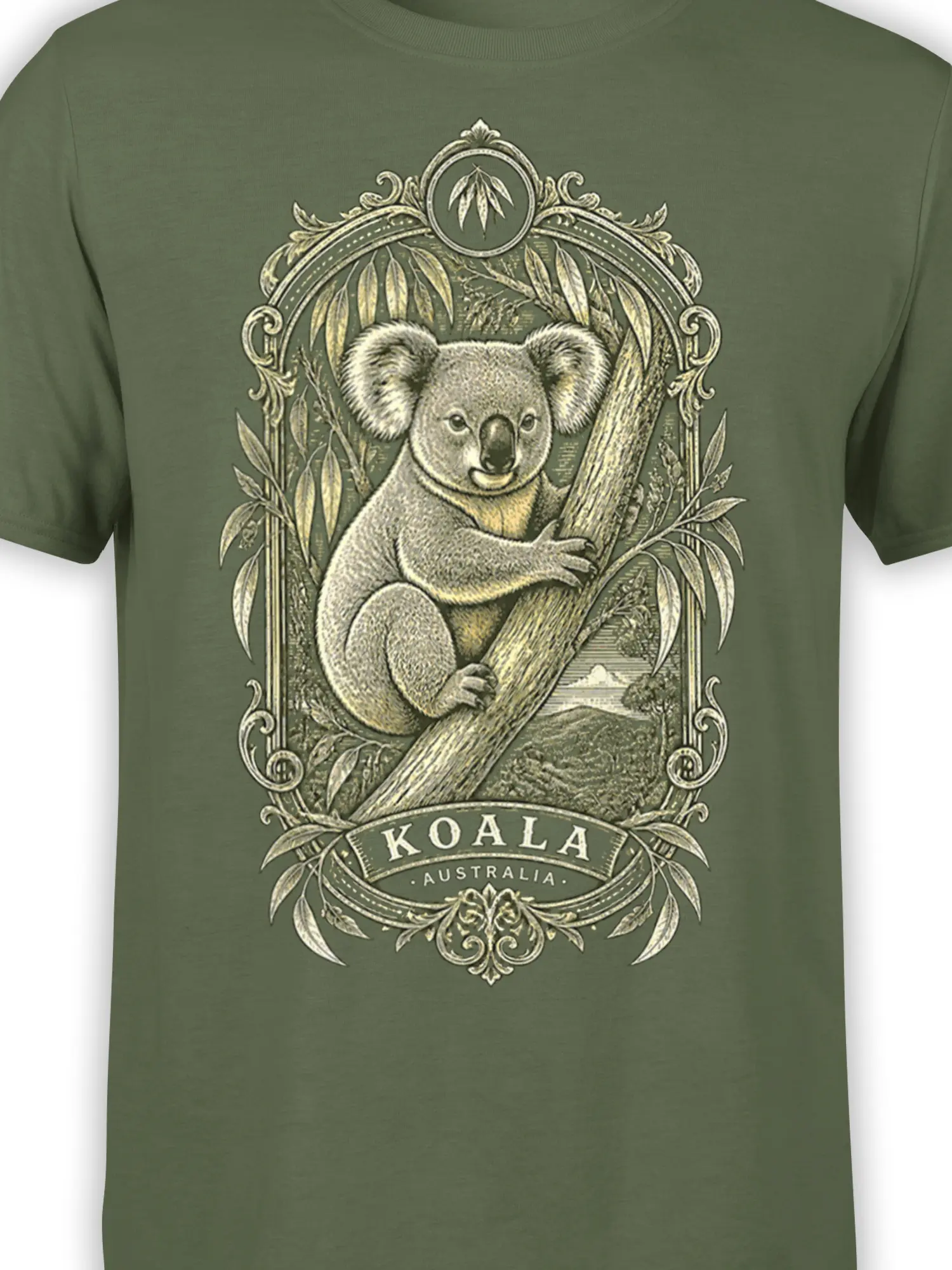 Close-up of detailed koala artwork, eucalyptus leaves, and vintage decorative lettering on a green shirt