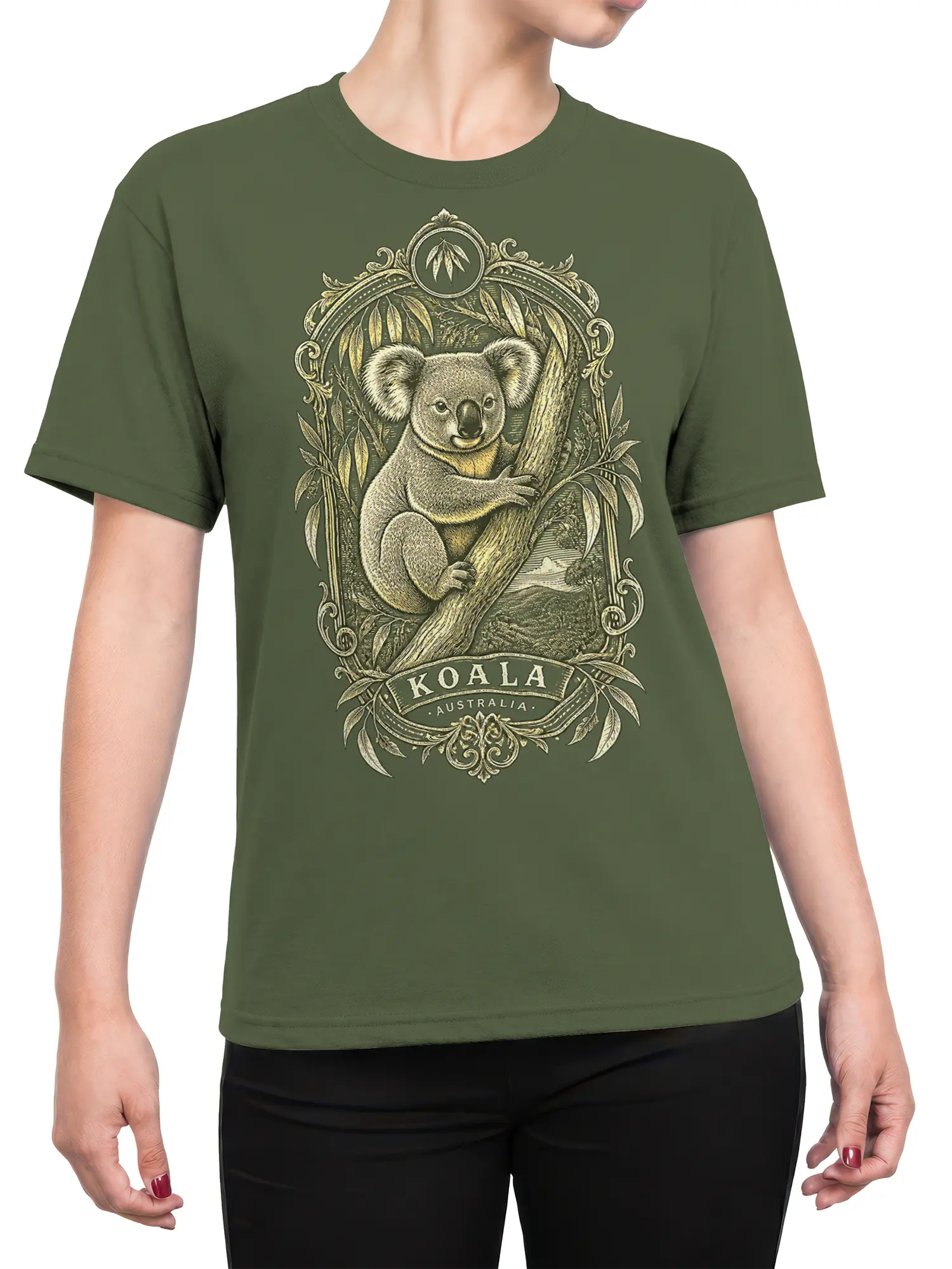Female torso wearing a green T-shirt with a vintage koala and Australian wildlife graphic