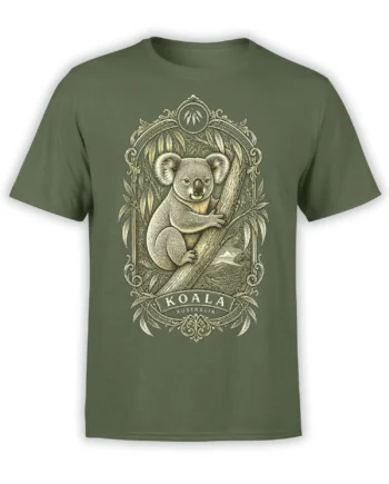 Vintage koala and eucalyptus graphic on a green T-shirt with an ornate KOALA AUSTRALIA frame