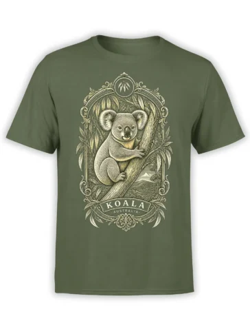 Vintage koala and eucalyptus graphic on a green T-shirt with an ornate KOALA AUSTRALIA frame